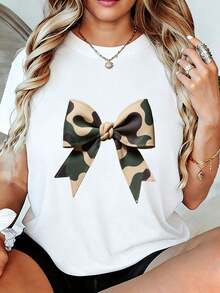 Women's T-Shirt - White Camouflage Bow Print T-Shirt For Ladies - Casual Short Sleeve Crew Neck T-Shirt, Breathable For Summer, Paired With Gold-Tone Jewelry, Loose Fit, Perfect For Everyday Wear, The Beach, Vacations, And As A Gift For Friends. Women's T-Shirts - 白色 - 查看 7