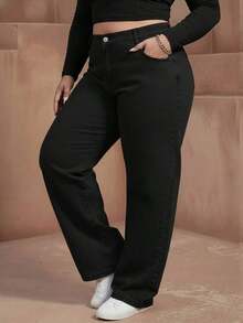 Jeans de pierna ancha para mujer talla grande, diseño de bolsillo lavado largo, sin estiramiento, adecuado para uso diario en primavera - Negro - Ver 5
