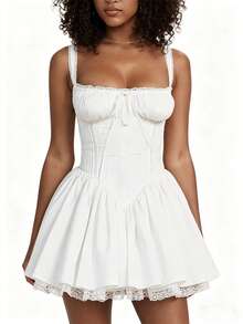 Women's Flower Embroidery Boho Mini Dress Backless Self-Tie Bowknot Square Neck Wide Straps Ruffle Mini Dresses Sleeveless Summer Vacation Short A-Line Dress - F1309-Trắng - Xem 3