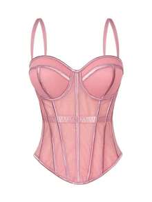 Camiseta sin espalda de malla de unicolor marrón con estilo de corsé para mujer, lencería casual de otoño/invierno negra de verano - Rosa Pálido - Ver 1