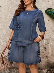 Women Denim Two-Piece Outfits - Blue - View 4