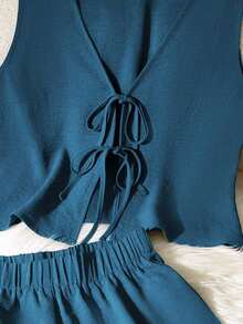 Set de 2 piezas de conjunto informal de mujer de unicolor con nudo, elegante para primavera/verano - Azul - Ver 3