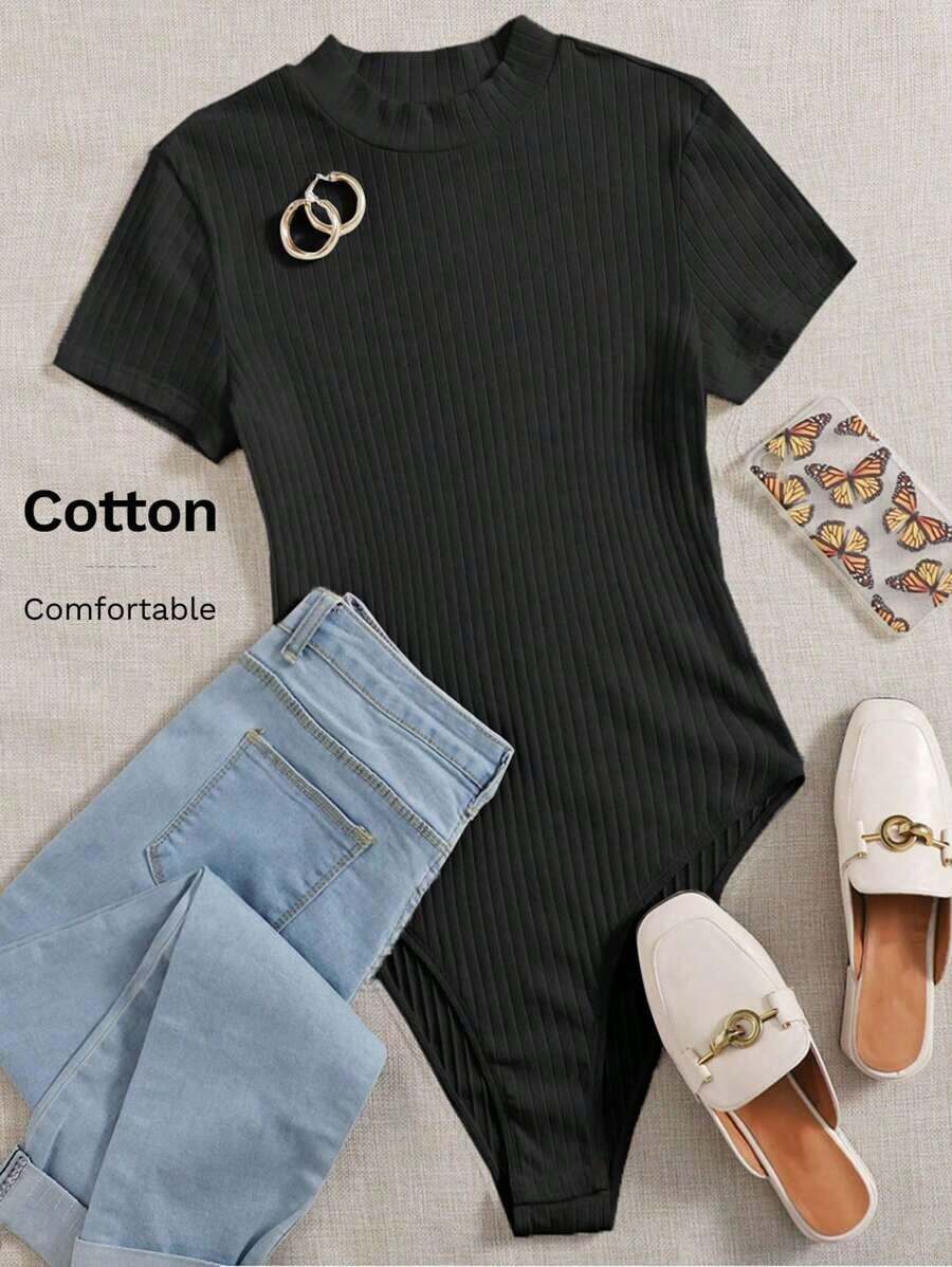 Body tejido de canalé de cuello alto - Negro - Ver 1