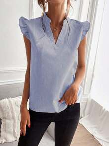Blusa de mujer de verano casual con cuello con muesca a rayas y volantes en el bajo - Azul - Ver 3