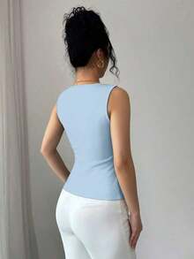 Elenzya Camiseta de mujer de unicolor con decoración metálica y cuello asimétrico - Azul - Ver 2