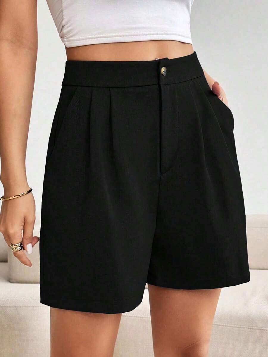 Shorts de verano informales para mujer, sólidos y con pliegues - Negro - Ver 1