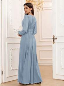 Vestido de dama de honor formal de gasa de manga larga hasta el suelo con corte evasé, color borgoña elegante, vestido de invitada de boda, mangas sin forro, primavera - Niebla azul - Ver 2