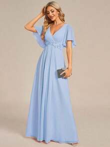 Elegante vestido de dama de honor de gasa con cuello en V, mangas con volantes bordados y plisados, vestido de noche formal para invitados de boda - Celeste 2 - Ver 4
