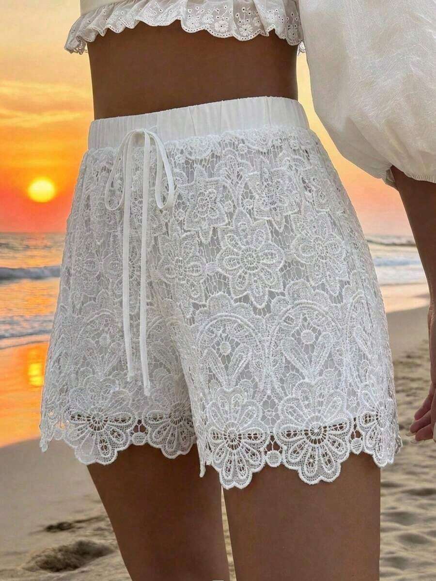 Pantalones cortos casuales de playa de encaje blanco con parches, adecuados para primavera y verano, vacaciones y bodas - Blanco 3 - Ver 1