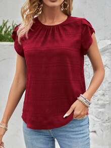 Blusa de manga corta con abertura en la espalda y manga estilo pétalo de unicolor, blusas de manga corta - Rojo - Ver 4