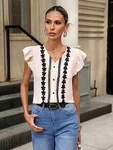 Clasi Blusa blanca elegante y casual con cuello en V, mangas con volantes, falso bordado y estampado floral, adecuada para primavera/verano - Albaricoque - Ver 7