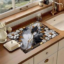1pc Metal Silver Floral Pattern Printed Absorbent Dish Drying Mat, Concentrated Coffee Machine Countertop Absorbent Mat, Sink Drain Mat, Soft Faucet Absorbent Mat, Sink Cup Mat, Kitchen & Bathroom Accessories - Multicolor - View 4
