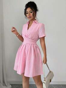 Vestido camisero de verano para mujer, de cuello en V, con mangas raglán, cruce y lazo en la cintura, a rayas en color rosa - Rosa - Ver 4