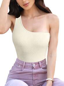 Women Romper, Sleeveless Off Shoulder Knitting Solid Color Spring Summer Bodysuit Jumpsuit - Off-white - View 2