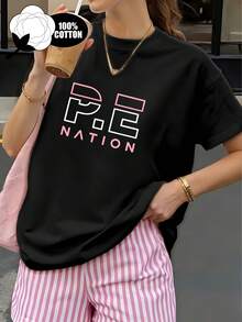 Women's 100% Cotton T-Shirt - PE Letter Print, Casual Short Sleeve Crew Neck, A Summer Essential For Everyday Wear, Easy And Comfortable Top, Machine Washable Basic Women's T-Shirt - 黑色 - 查看 1