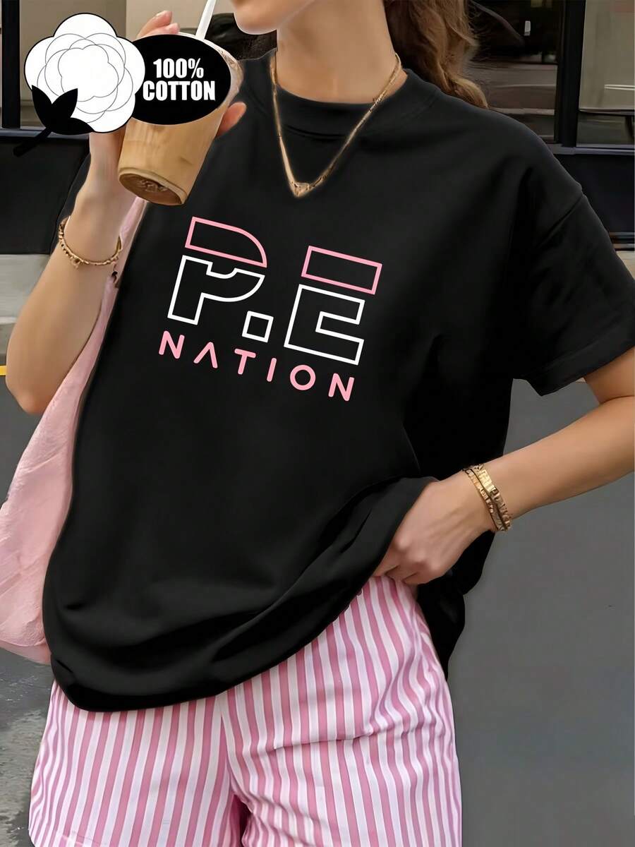 Women's 100% Cotton T-Shirt - PE Letter Print, Casual Short Sleeve Crew Neck, A Summer Essential For Everyday Wear, Easy And Comfortable Top, Machine Washable Basic Women's T-Shirt - 黑色 - 查看 1