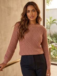 Women's Honeycomb Knit Sweater, Long Sleeve, Round Neck, Ribbed Cuffs, Winter Knit - 黑色 - 查看 5