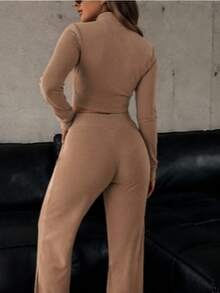 Women's Ribbed Knit Set - Foreign Fashion Style - High-Waisted Pants And Cropped Top With Zipper And Long Sleeves - Thick, Non-See-Through Fabric - Apricot - View 2