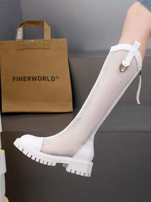 2026 Spring New Arrival Knee-High Boots For Women, Minimalist White Breathable Mesh Thickened Sole Chunky Heel Tall Riding Boots, Plus Size 43 - White - View 5