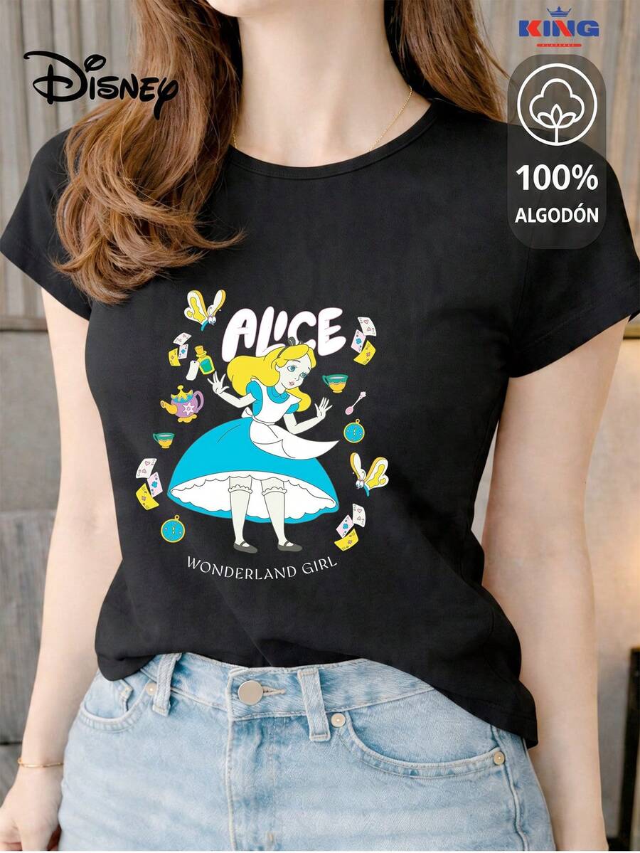 Women's T-Shirt Made Of 100% High-Quality Cotton, This T-Shirt Guarantees Exceptional Softness To The Touch, Round Neck With "Disney Alice Journey" Print And Short Sleeves - 黑色 - 查看 1
