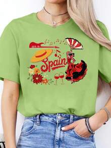 Women's Casual Blouse With Spanish Letter Print, Spring/Summer Casual T-Shirt, Short Sleeve Sports T-Shirt With Round Neck, Cotton Tops For Women. - 綠色 - 查看 7