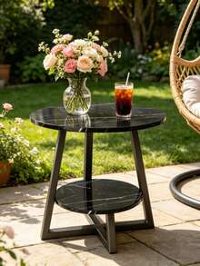 Double-Layer Compact Wooden Patio Coffee Table, Outdoor Garden Balcony Side Table, Minimalist Style Outdoor Leisure Table, Space-Saving Small Size Coffee Table, Suitable For Outdoor Decorative Furniture, Convenient For Home And Outdoor Use, Compact And Doesn't Take Up Much Space, Suitable For Various Scenes Such As Patios, Balconies, And Terraces, And Has A Versatile And Stylish Look. - Black - View 3