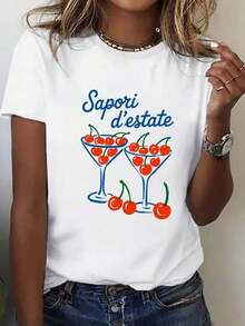 Women's Plus Size Casual T-Shirt With Italian Summer Cherry Graphic Print - Short Sleeve Crew Neck Loose Fit White With Blue Lettering, Breathable Fabric For Spring And Summer Outfits, Beach Trips, Casual Outings And Casual Wear - Machine Washable - 白色 - 查看 7