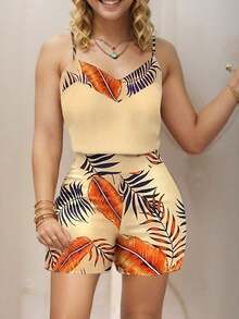 2 piezas Conjunto de top de tirantes y shorts estampados con plantas para mujeres - Albaricoque - Ver 1
