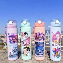 Cartoon Character Plastic Water Bottle With Straw, Leak-Proof Portable, Suitable For School, Gym, Travel And Daily Use - Multicolor - View 1
