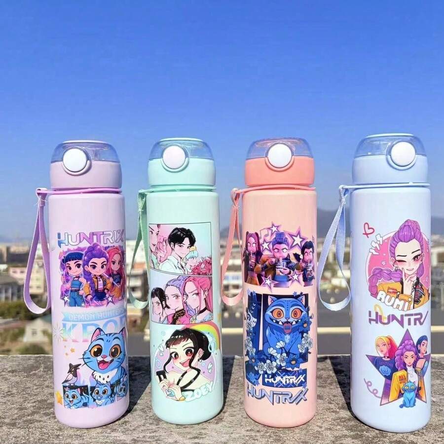 Cartoon Character Plastic Water Bottle With Straw, Leak-Proof Portable, Suitable For School, Gym, Travel And Daily Use - Multicolor - View 1