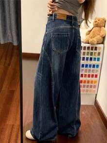 Women's High-Waisted Baggy Jeans, Tie-Dye Gradient Effect, Contrasting Stitching, Wide Palazzo Silhouette, Dark Washed Denim, Casual Streetwear Style Ideal For Urban Looks And Autumn/Winter. - 牛仔藍 - 查看 7