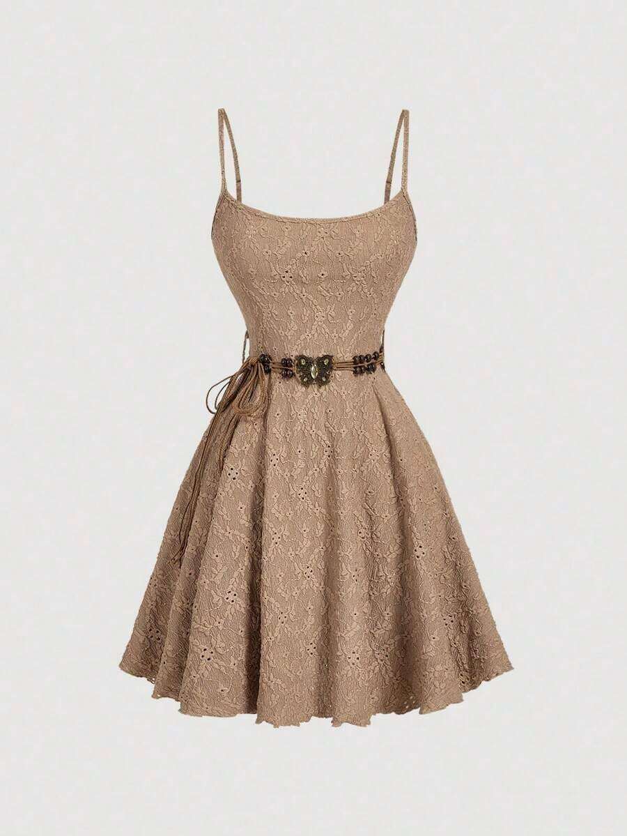 MOD Extra Lightweight Light Brown Dress With Belt, For Autumn/Winter, Thanksgiving, Jacquard Lace, Western Wear For Women, Western Set, Bohemian Chic Style, Brown, Casual Dress For Women - 棕色 - 查看 1
