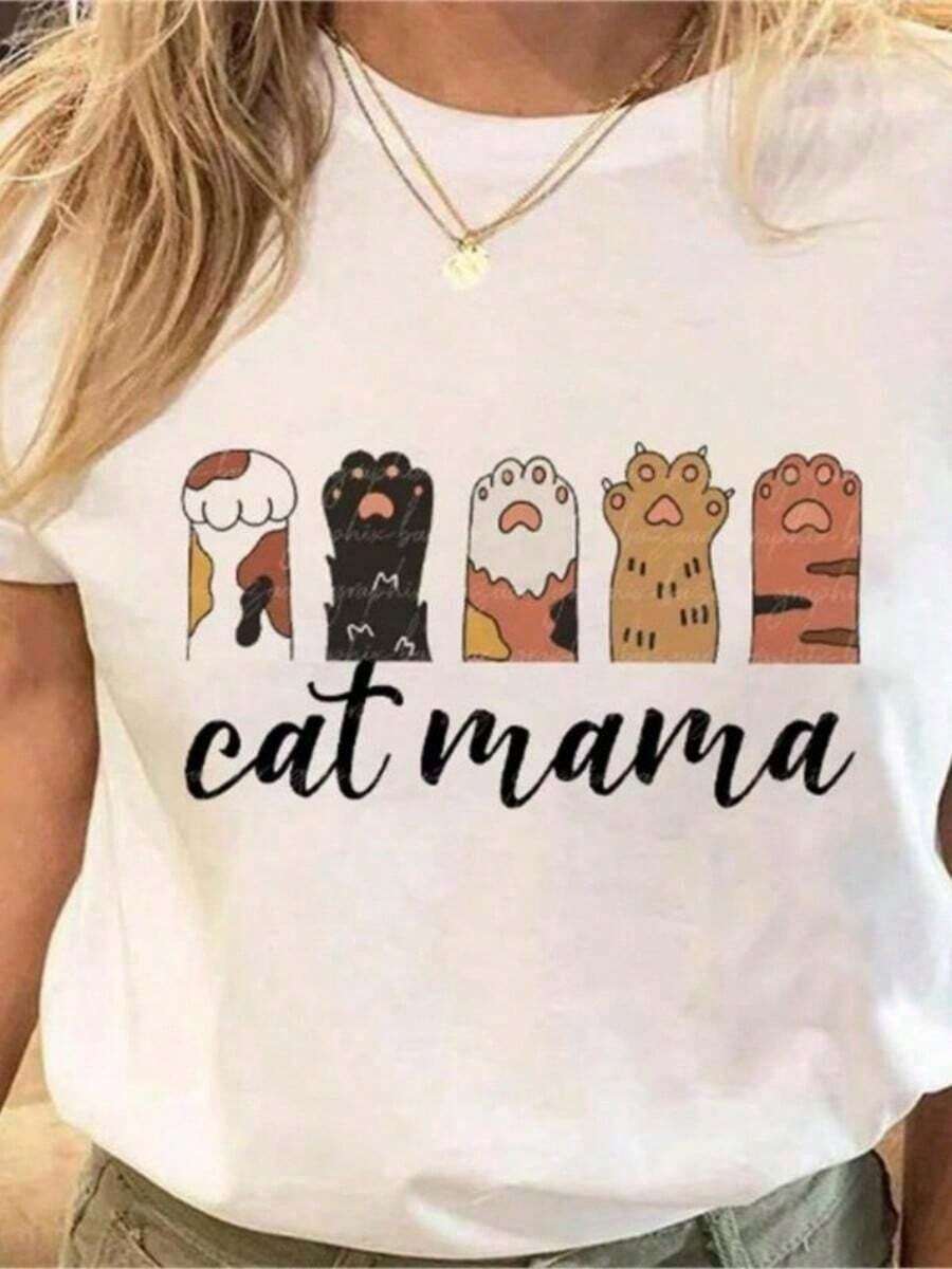 Diseño simple y versátil, camiseta de mujer con estampado de pata de gato, sencilla pero divertida, a la moda y con un toque de alegría para mamás, cuello redondo, top holgado con estampado de dibujos animados y letras, camiseta de algodón para mujer. - Blanco - Ver 1