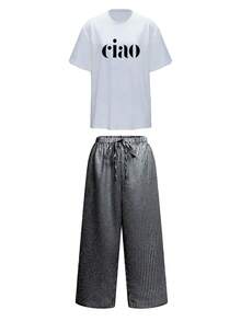 Plus Size Women 2pcs Set: Letter Print Short Sleeve T-Shirt And Plaid Pants Black Elegant - 黑色 - 查看 4