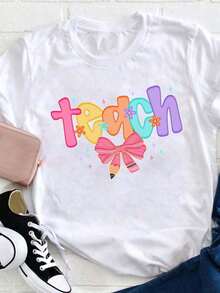 11 Women's Short Sleeve Graphic Print T-Shirts, 100% Cotton, Soft, Breathable, Simple Casual Style, College Style T-Shirt For Teachers - Soft Light Pink (Pink, Purple, Blue, Green, Yellow) - Loose Casual Clothing For Educators - Teacher Appreciation Gift - Back To School Clothes, Last Day Of Class, Summer Clothes - 100% Cotton T-Shirt For Daily Use In Teaching, Employee Clothing, Fun Lettering Design, Breathable Material, Crew Neck T-Shirt, Versatile Everyday Summer Wear For Employees. - 白色 - 查看 6