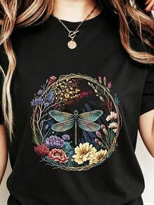 Women's T-Shirt With Retro Dragonfly And Floral Print, Round Neck, Short Sleeves, Casual All-Season T-Shirt, Machine Washable, Holiday Gift, Everyday Wear, Vintage Women's Clothing - 黑色 - 查看 1