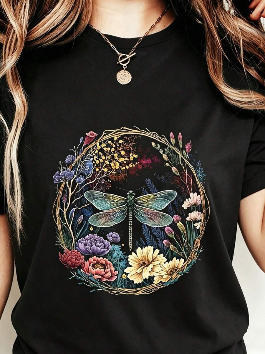 Women's T-Shirt With Retro Dragonfly And Floral Print, Round Neck, Short Sleeves, Casual All-Season T-Shirt, Machine Washable, Holiday Gift, Everyday Wear, Vintage Women's Clothing - 黑色 - 查看 1