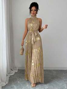 Mono de pierna ancha elegante y romántico con cuello de volantes sin mangas para mujer, ideal para Halloween - Caqui - Ver 3