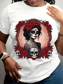 Women's Day Of The Dead T-Shirt With Sugar Skull And Rose Print, Halloween Costume Party Outfit, Women's T-Shirts - 白色 - 查看 6