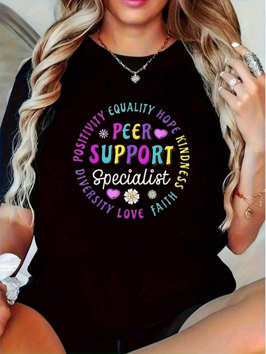 Black Graphic T-Shirt By Peer Support Specialist For Sobriety - Inspirational Affirmations Print With Equality, Hope, Love, And Diversity, Unisex Streetwear, Soft And Breathable Fabric, Vibrant Geometric Design, Casual Short-Sleeve Crew Neck T-Shirt For Spring/Summer, Motivational Clothing, Urban Style, Durable Material, Summer T-Shirt, For Urban Fashion Lovers - 白色 - 查看 1