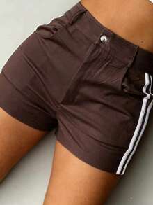 Women's Straight Woven Fabric Short Cargo Shorts, Solid Color With White Side Stripe, Suitable For Work, Beach And Vacation Summer - Brown - View 5