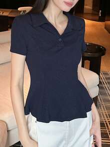 純色夏季新款女款短袖喇叭下擺上衣 - 藏蓝色 - 查看 3