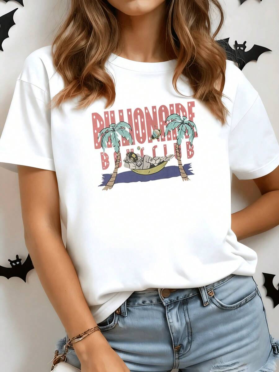 Astronaut Relaxing In A Hammock Among Palm Trees Under A Relaxed Sky Conveying A Sense Of Tropical Freedom And Cosmic Adventure. Women's Casual Modern Comfortable T-Shirt For Summer - 白色 - 查看 1