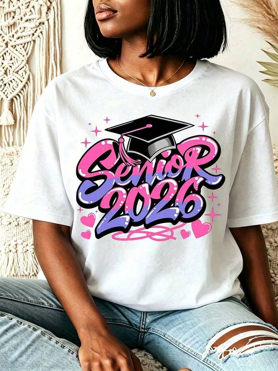 Fashionable Graduation T-Shirt, Graduation Gift, Women's T-Shirt With Graduation Cap And Heart Design, Casual Round Neck T-Shirt For Spring And Summer, Ideal For Celebrating Graduation, Perfect Gift For College Students, Ideal For June Graduation And A Great Gift For Women. - 白色 - 查看 1