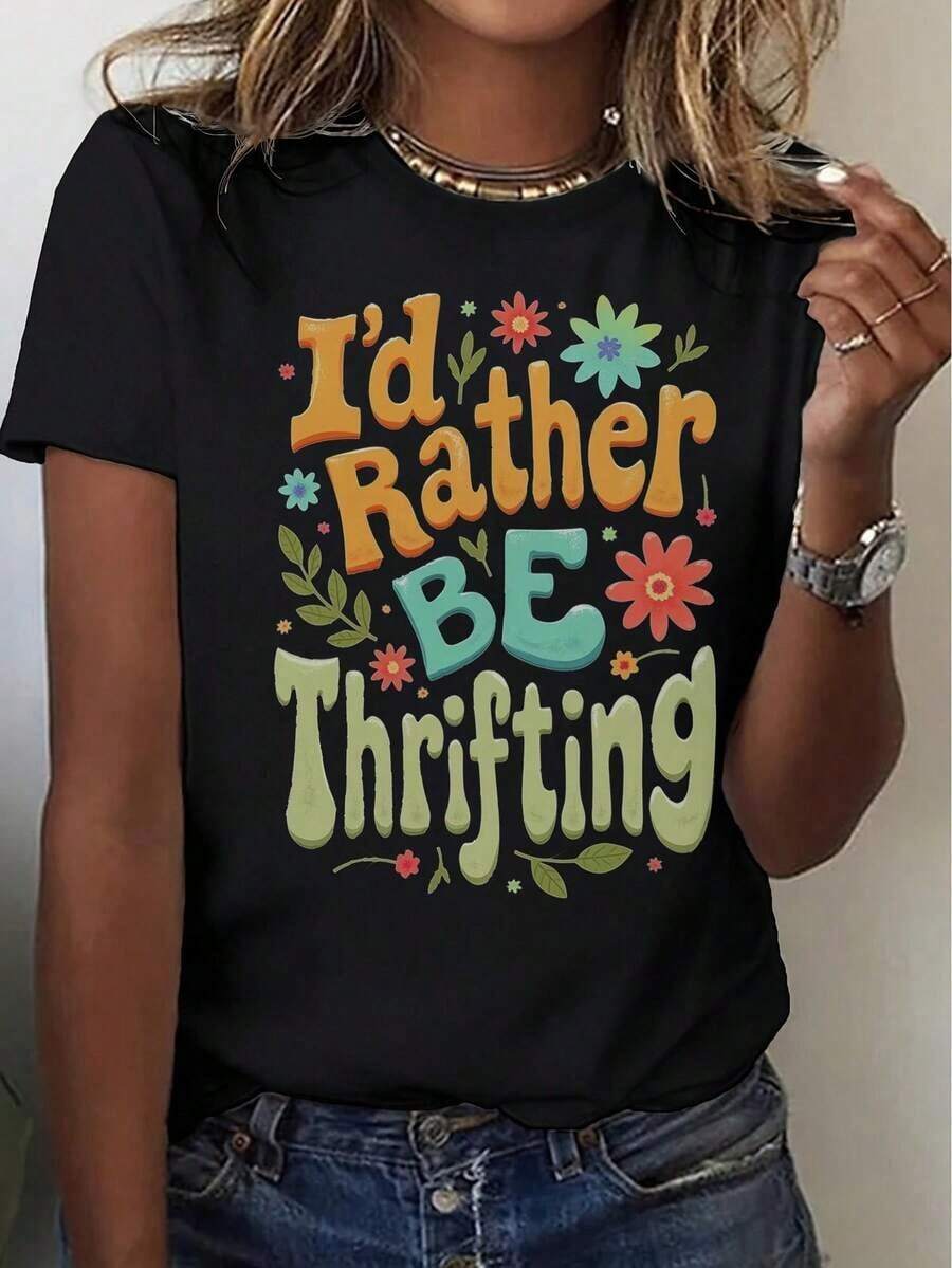 Camiseta de Mujer con Eslogan "Preferiría Ir a la Tienda de Segunda Mano" - 100% Retro Vintage con Diseño de Logotipo Icónico de Tienda de Segunda Mano, Lavable a Máquina, Camiseta Casual de - Negro - Ver 1