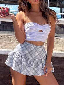 YIU Grey Plaid Ruffle Hem Mini Skirt | Back To School & Music Festival | Sweet & Fashionable New Arrival - Baby Blue - View 1