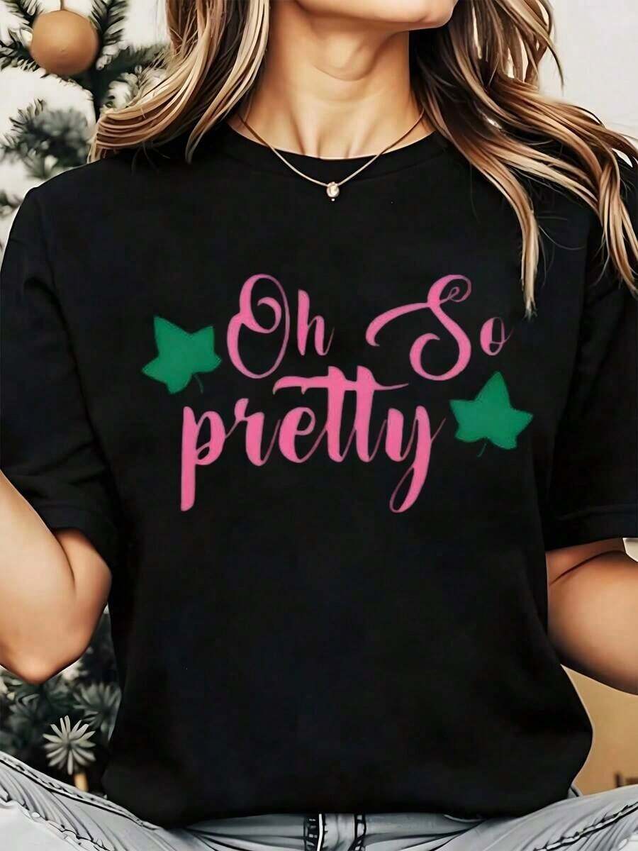 Soft, Breathable, And Lightweight For All-Day Comfort. This Women's Crew Neck T-Shirt Features A Pretty Green Star Print And Is Perfect For Everyday Casual Wear, Christmas Holidays, And More. It Weighs 220g. The Classic Neckline And Relaxed Fit Flatter All Body Types And Are Easy To Pair With Jeans, Shorts, And Leggings. - 黑色 - 查看 1