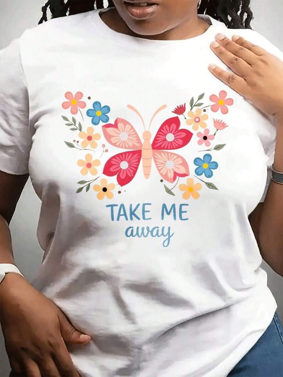Women's 180g Pure Cotton Short-Sleeve Crew Neck T-Shirt With Print, Sizes S-XXL - The Perfect Mother's Day Gift - Casual Crew Neck T-Shirt For Women, Perfect For Mother's Day. | Short Sleeves With A Butterfly Floral Print, Suitable For Everyday Wear, An Ideal Gift For Friends And Family. - 白色 - 查看 1