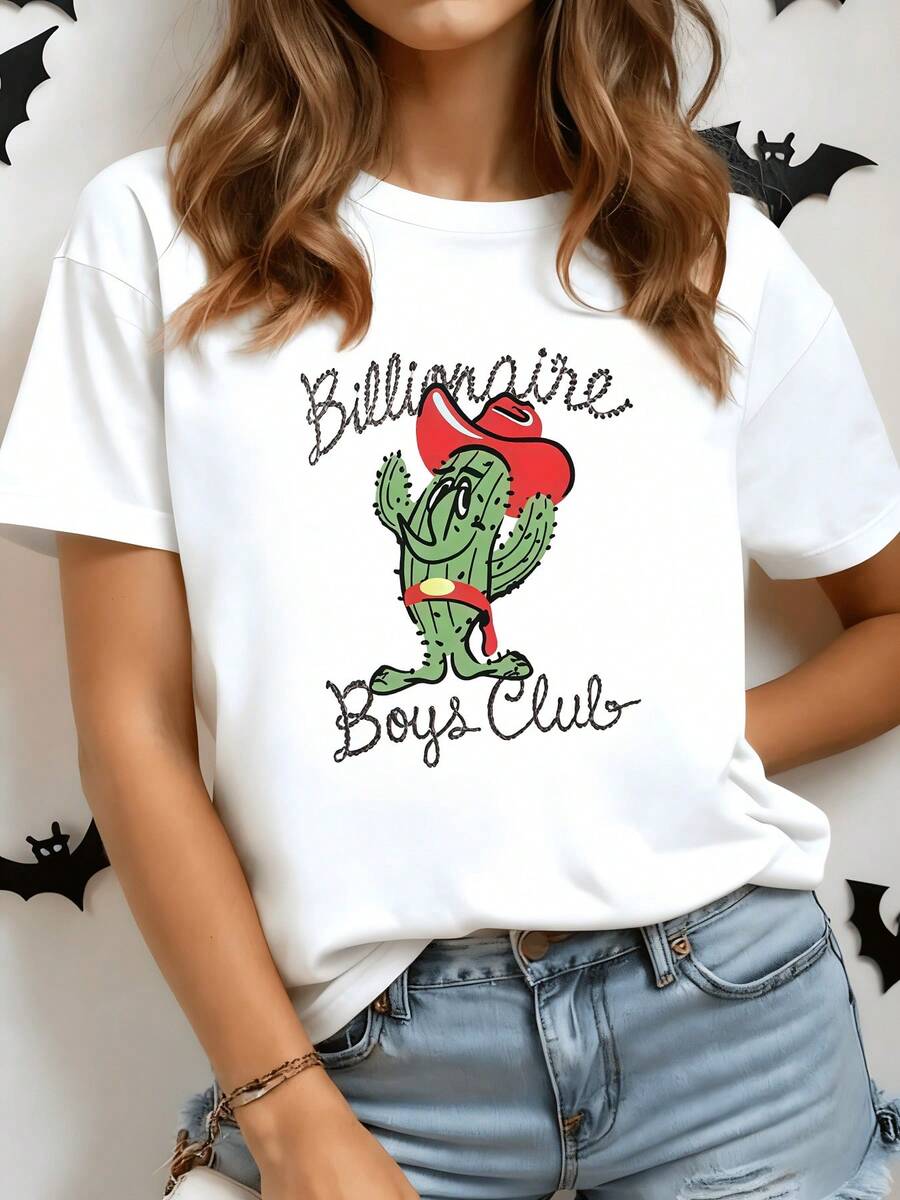 Cactus With A Red Hat Representing Desert Joy And Free Spirit Alongside Playful Lettering Expressing Confidence. Comfortable Casual Women's T-Shirt For Summer - White - View 1