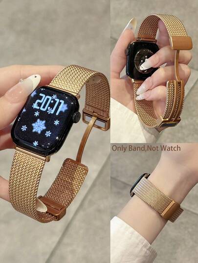 1pc Gold Braided Mesh Metal Watch Band, Adjustable Magnetic Buckle Strap For Apple Watch 38 40 41 42 44 46 49mm, Compatible With Apple Watch Series 11 10 9 8 7 6 SE Ultra Luxury Stainless Steel Replacement Bracelet For Women,Smart Watch Band Accessories Summer Best Friend Gifts Women